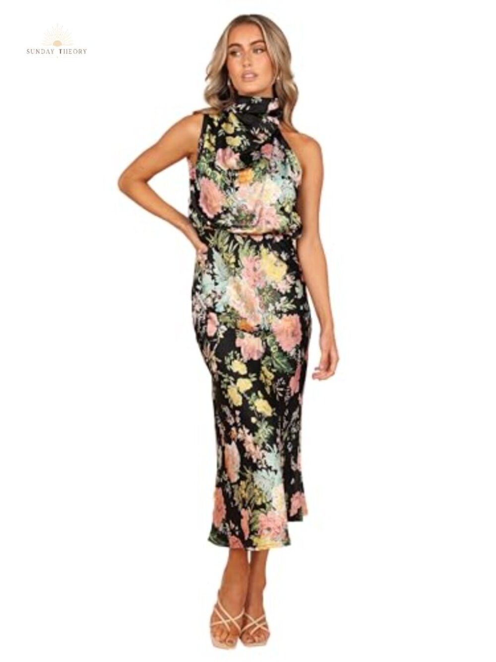 Halter Neck Midi Dress Sleeveless Satin Feel Sheath Formal Party
